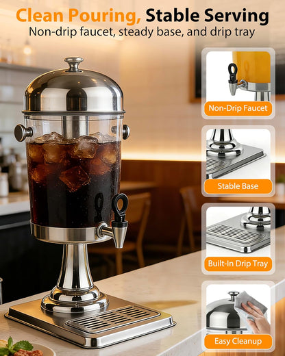 Beverage Dispenser with Stand, 3 Gallon Drink Dispenser for Parties,Events,Buffet &Self-Serve,Dual Ice Tube Core Fruit Infuser,Leakproof Spigot,Clear PC Container, Stainless Steel Lid&Base