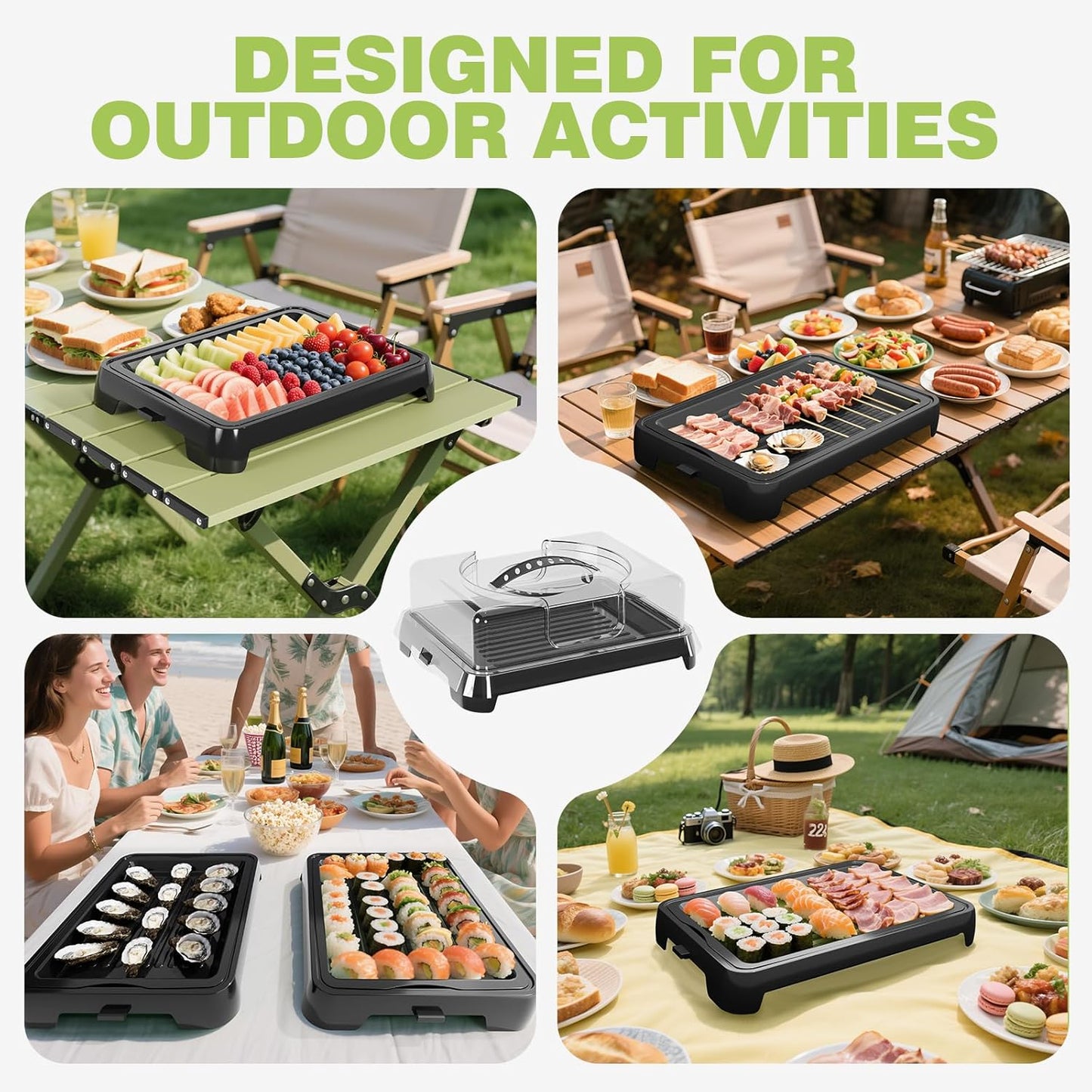Chilled Portable Serving Tray Platterbox with Reusable Ice Pack with Lid Shrimp Cocktail Serving Dish Platter Cold Food Buffet Server for Appetizer Veggie Fruit Food Parties Outdoor Picnic, Green