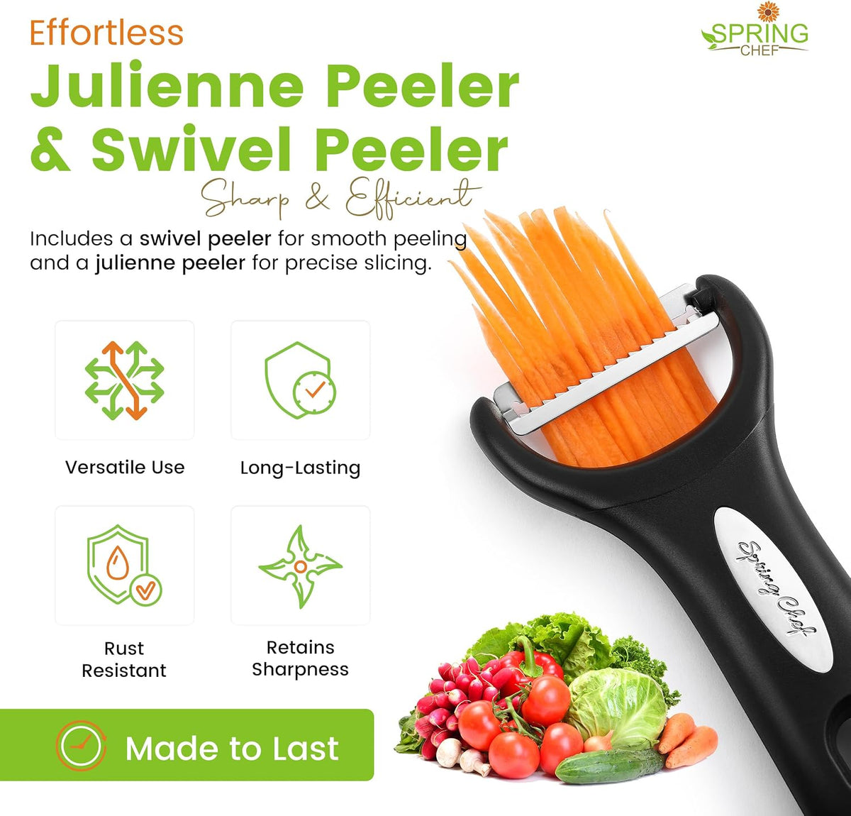 Spring Chef Swivel Potato Peeler & Julienne Vegetable Peeler w/Soft Handle