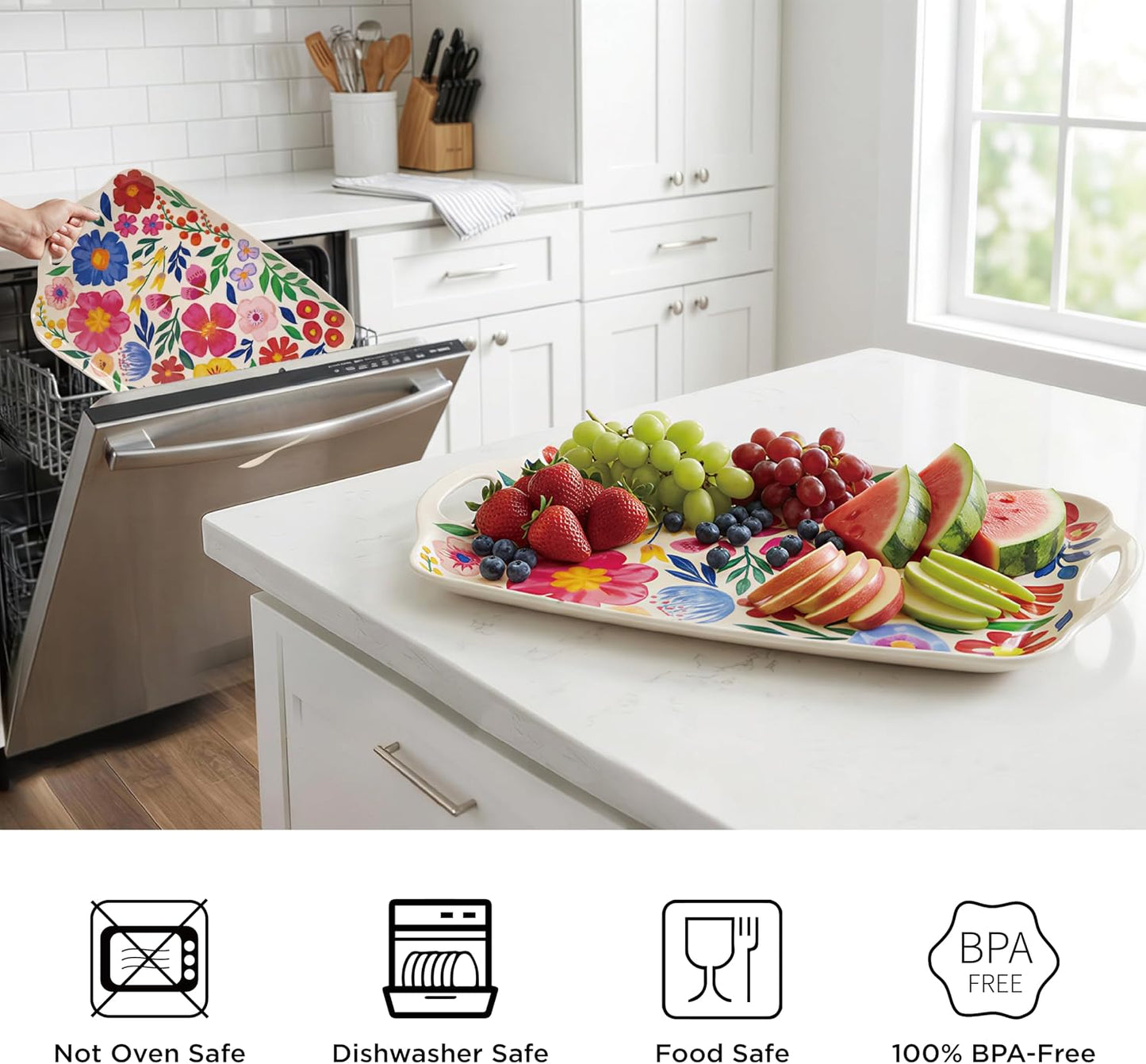 TP Large Serving Trays with Handles, 19" x 12" Melamine Serving Platters for Food, Turkey, Set of 2 Rectangular Trays for Party, Pure White