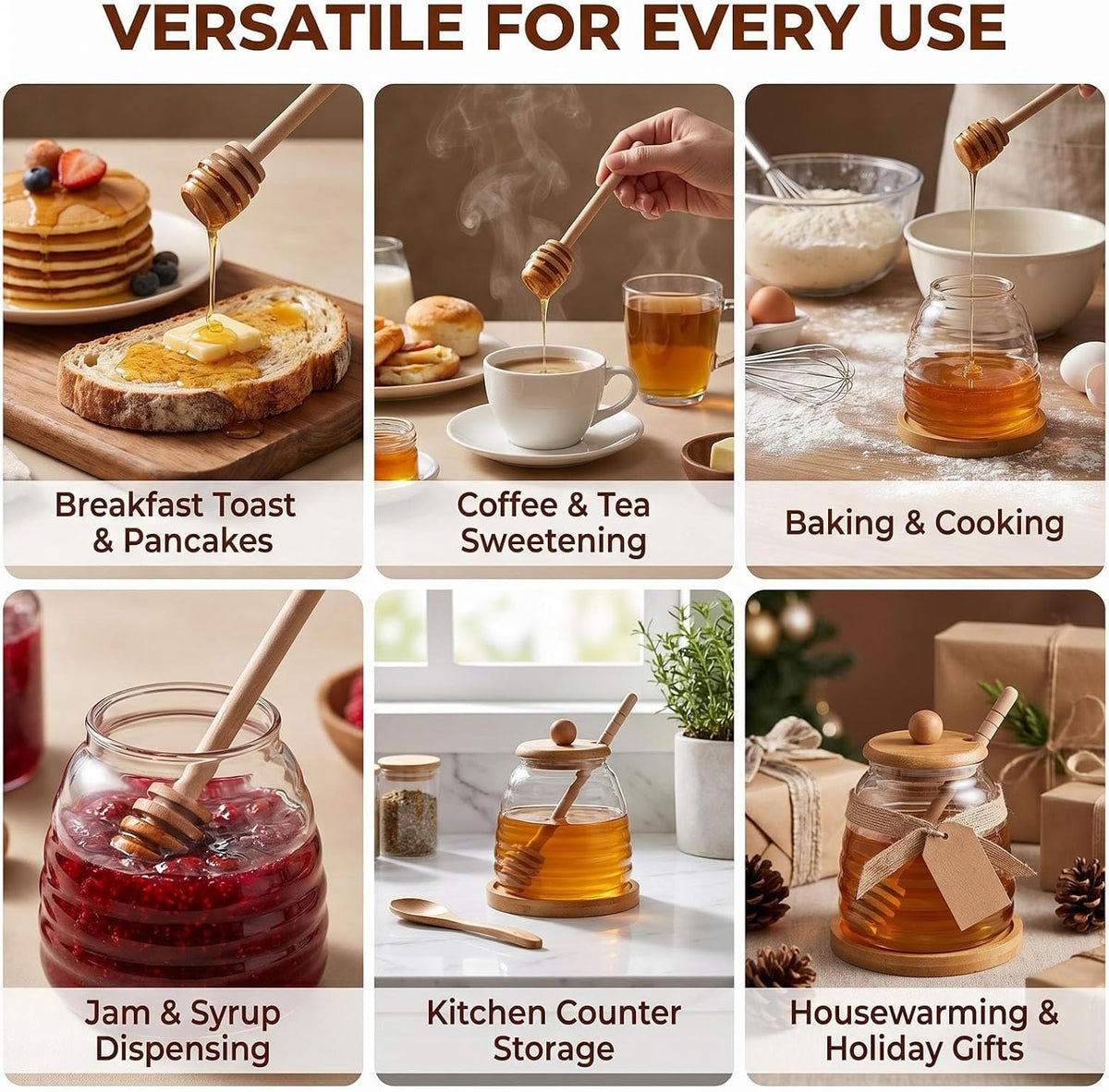 Empty Glass Honey Dispenser with Bamboo Lid & Dipper 16.7oz (500ml) Honey Pot Jam Jar Syrup Container for Kitchen Coffee Tea Home Café