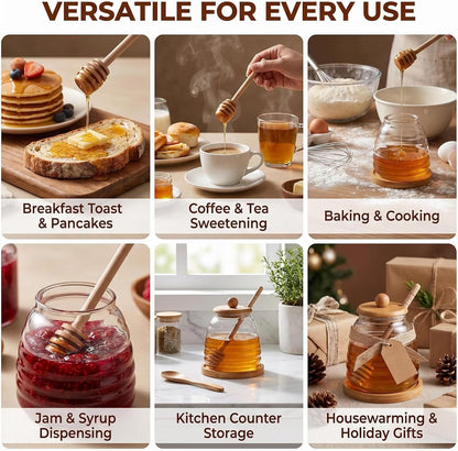 Empty Glass Honey Dispenser with Bamboo Lid & Dipper 16.7oz (500ml) Honey Pot Jam Jar Syrup Container for Kitchen Coffee Tea Home Café