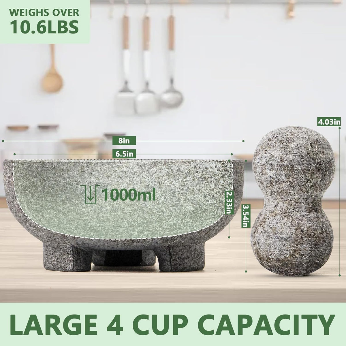 Luvan Large Mortar and Pestle Set,4 Cups Unpolished Granite Natural Stone Grinder Bowl for Molcajete Guacamole Bowl Crushing/Mexicano Guacamole,Spices Grinder,Herb Crusher,Salsa Pesto-8IN/Gray
