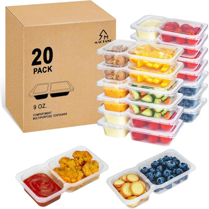 MACTANO Reusable Snack Containers with Lids, 9 oz Double Compartment Plastic Snack Pack Containers Portion Control Meal Prep Snack Boxes BPA Free 10 Sets for Work Travel School