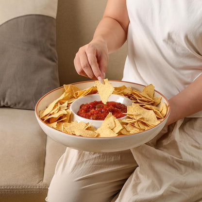 Ceramic Chips and Dip Serving Tray: 12 Inch Large Divided Bowls Set for Salsa, Veggies & Dip, Appetizers, Snacks, Fruit, Candy, Free-Form Serving Dish Platter for Parties Hosting & Entertaining