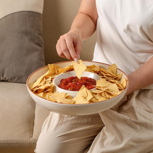 Ceramic Chips and Dip Serving Tray: 12 Inch Large Divided Bowls Set for Salsa, Veggies & Dip, Appetizers, Snacks, Fruit, Candy, Free-Form Serving Dish Platter for Parties Hosting & Entertaining