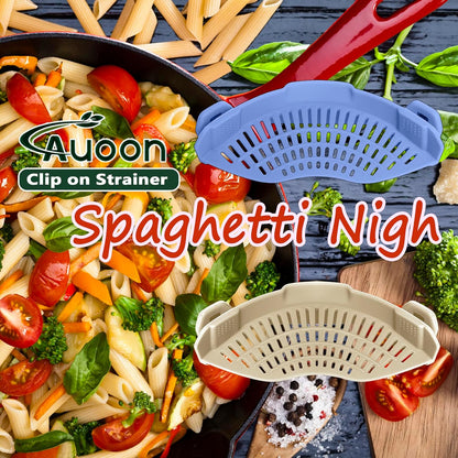 AUOON Clip On Strainer Silicone for All Pots and Pans, Pasta Strainer Clip on Food Strainer for Meat Vegetables Fruit Silicone Kitchen Colander