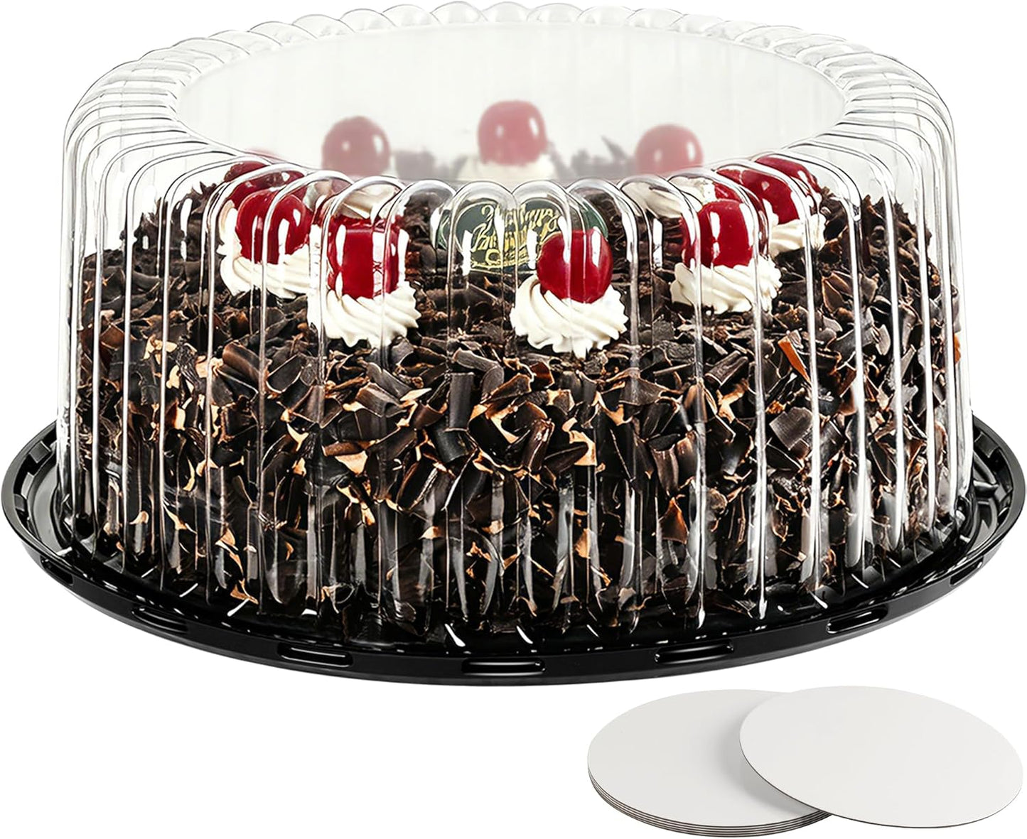 6-Pack Cake Carrier Holder Container for 10 Inch Round Cakes - Plastic Disposable Cake Containers, Take Out Storage w/Clear Dome Lids, Black Base Serving Trays, White Cake Boards, 12 x 5 Inches