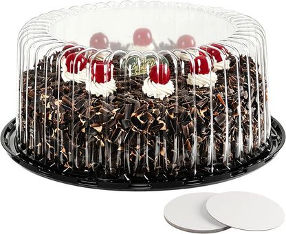 6-Pack Cake Carrier Holder Container for 10 Inch Round Cakes - Plastic Disposable Cake Containers, Take Out Storage w/Clear Dome Lids, Black Base Serving Trays, White Cake Boards, 12 x 5 Inches