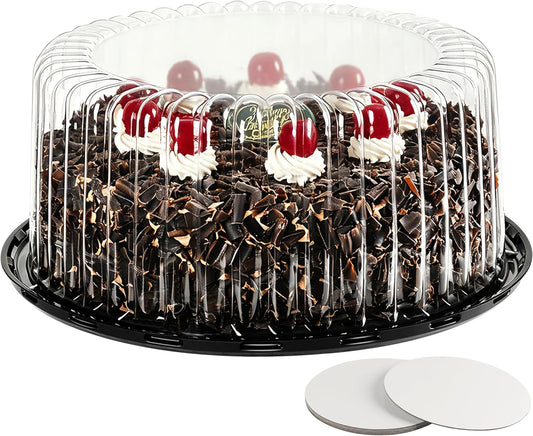 6-Pack Cake Carrier Holder Container for 10 Inch Round Cakes - Plastic Disposable Cake Containers, Take Out Storage w/Clear Dome Lids, Black Base Serving Trays, White Cake Boards, 12 x 5 Inches