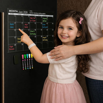 Fridge Calendar Acrylic 17x12”, Start Monday | Magnetic Calendar for Refrigerator | Acrylic Dry Erase Whiteboard Calendar for Fridge | Family Schedule Board with 5 Markers & Eraser by Freedom Mastery