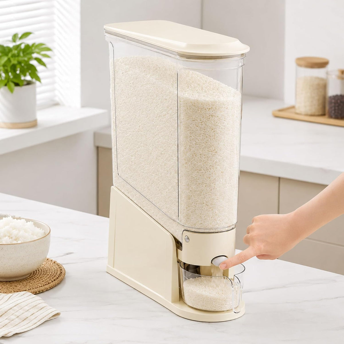 ROOM127 Rice Dispenser 22 Lbs, Large Airtight Grain Container, Cream White | Family Size Storage, BPA-Free, Moisture-Proof Seal, One-Touch Pouring, Clear Window, for Cereal, Beans, Oats & Dry Food