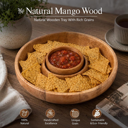 GoCraft Chip and Dip Serving Tray with Center Dip Bowl - Appetizer Platter - Large Party Bowl Set for Chips & Salsa, Snacks, Entertaining, Hosting - Mango Wood, Natural Brown, 11.5 Inch