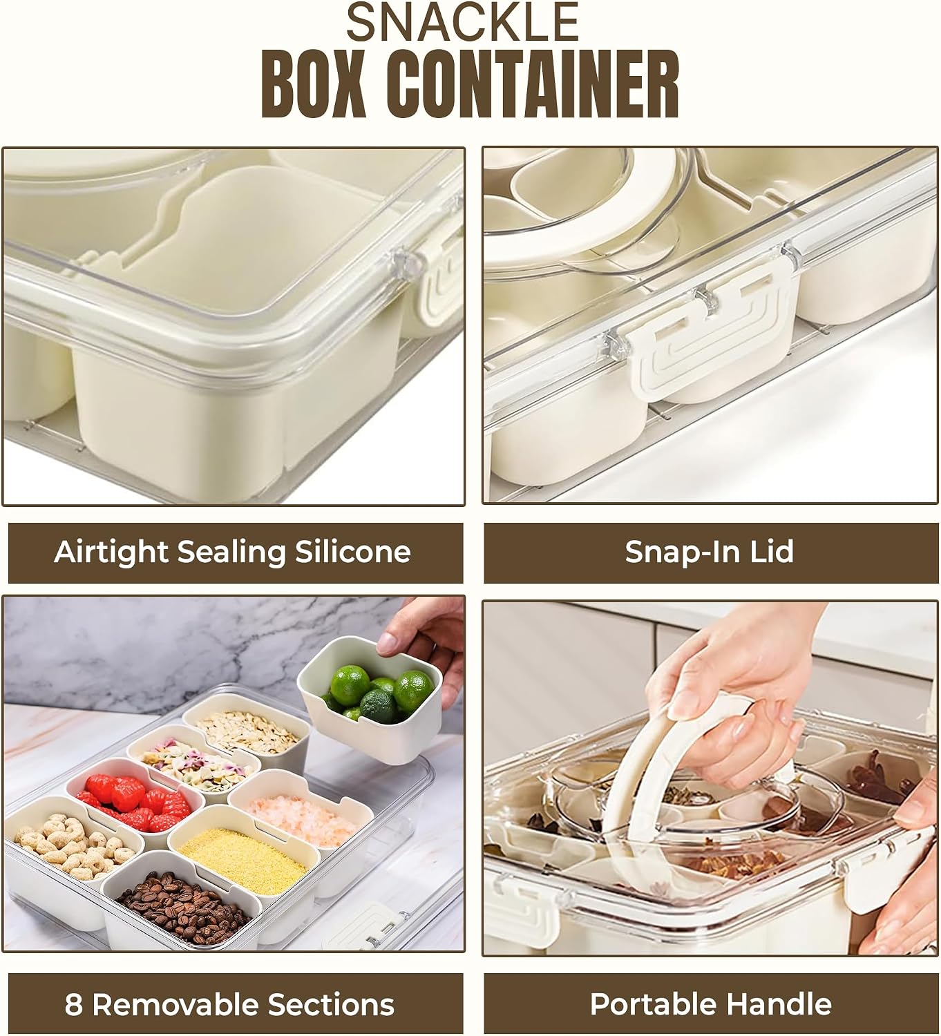 Snackle Box Container | Made with Food-Grade Durable Plastic | 8 Compartment Snack container with lid and Handle | Dishwasher Safe Snackle Box | perfect for Kids, Adults,Traveler and for picnic