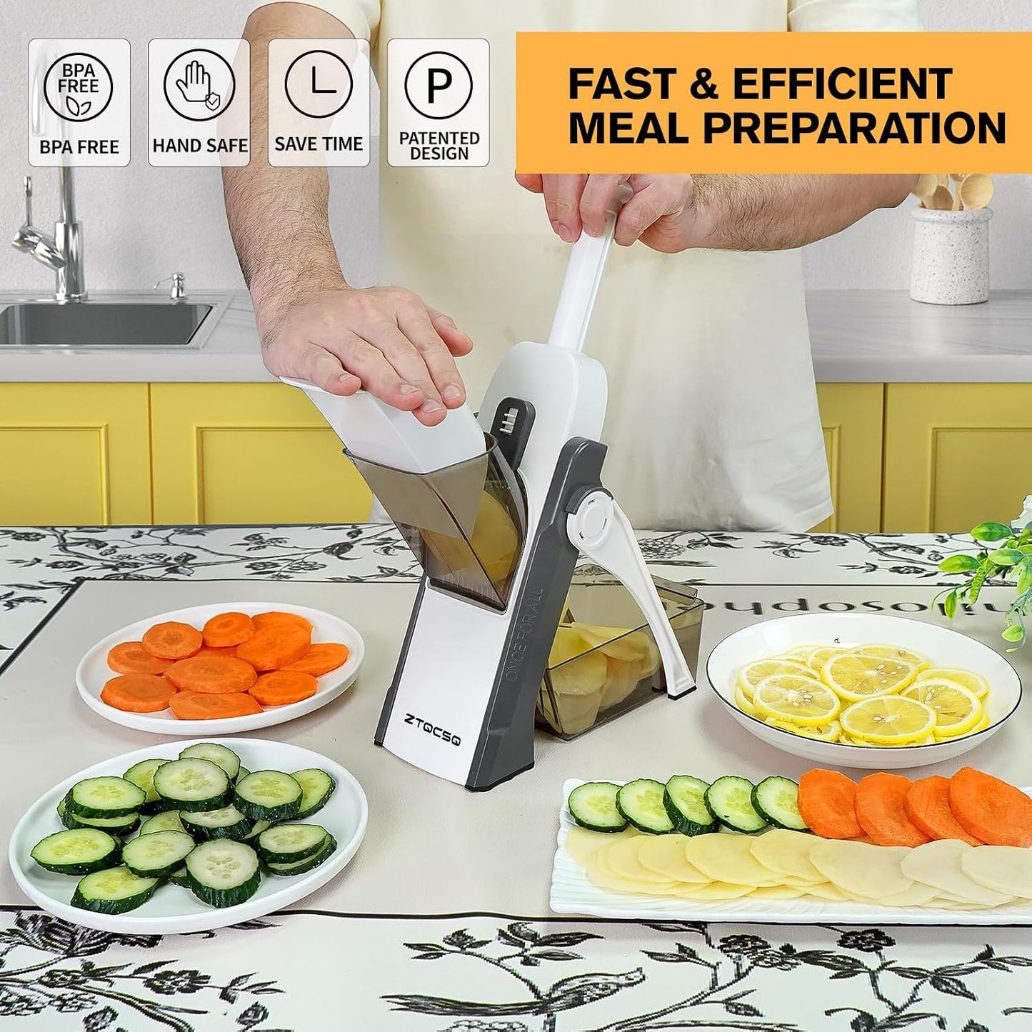 Safe Mandoline Slicer for Kitchen, Meal Prep,Potato Slicer, Adjustable/Easy to Clean/Storage, Kitchen Chopping Artifact,French Fry Cutter,Paring Knife/Cleaning Brush (only Slice, Black Knight)