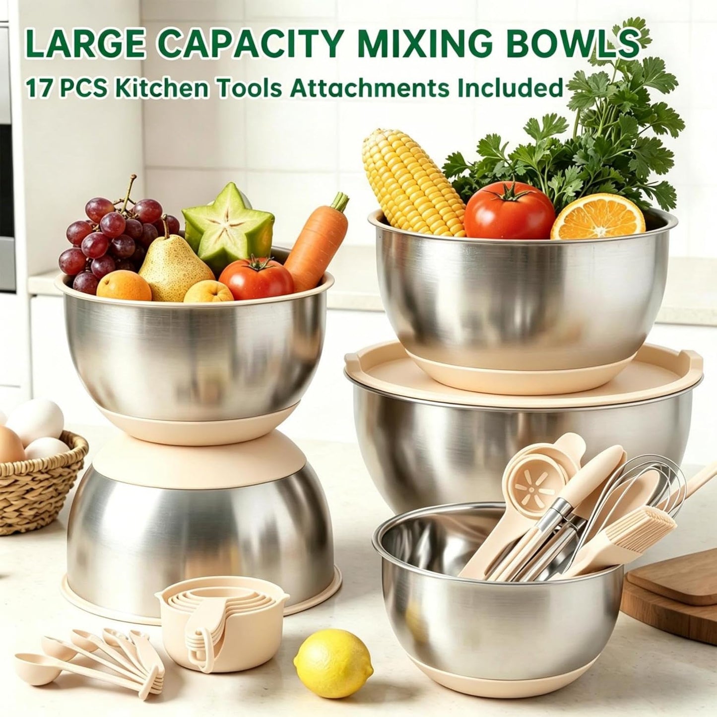 Deedro Premium Mixing Bowls with Airtight Lids Set, 22Pcs Thicker Stainless Steel Mixing Bowl Set, Large Prep Metal Bowls, Non-Slip Silicone Base Nesting Bowls for Kitchen, 1.5/2/3/4/5 QT, Black