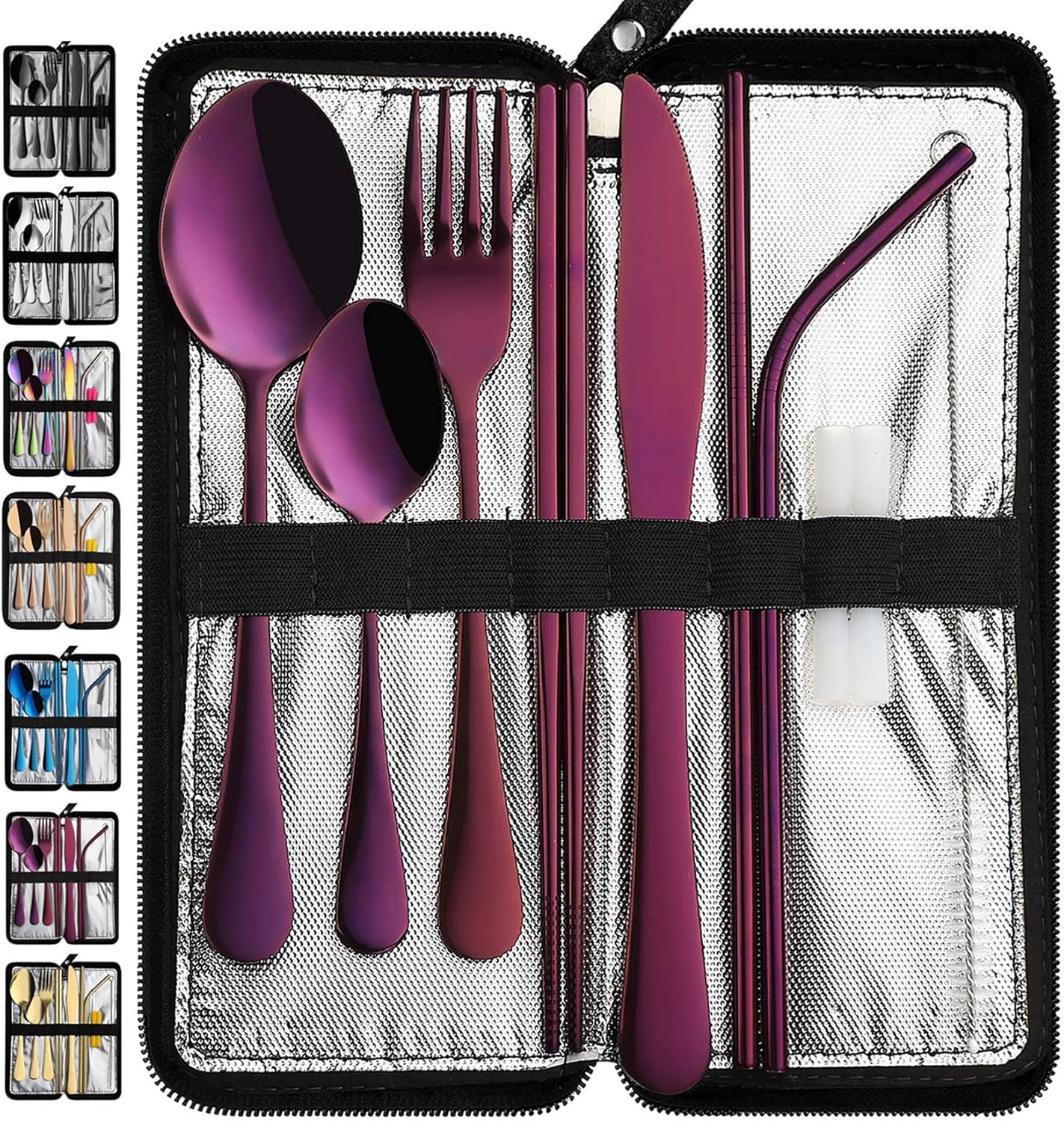 VANDBAO Camping Utensils Set, Portable Travel Utensils with Case for Fixing Tableware, Reusable Stainless Steel Stable Cutlery Set, Lunch Picnic Flatware Silverware (Rainbow Set)