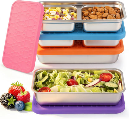 4 Pack 15 oz Stainless Steel Food Storage Containers with Silicone Lids, Leakproof Single Compartment Metal Containers, Reusable Lunch Boxes for Meal Prep, Leftovers, Travel, Camping, Fridge Storage