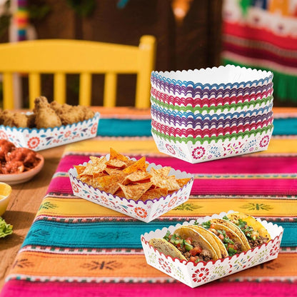 Mexican Taco Nights Food Trays - 60Pcs Mexican Flowers Wavy Edge Unassembled Tray Nacho Snack Candy Holder Disposable Paper Plate Holiday Birthday Carnival Party Supplies Food Container
