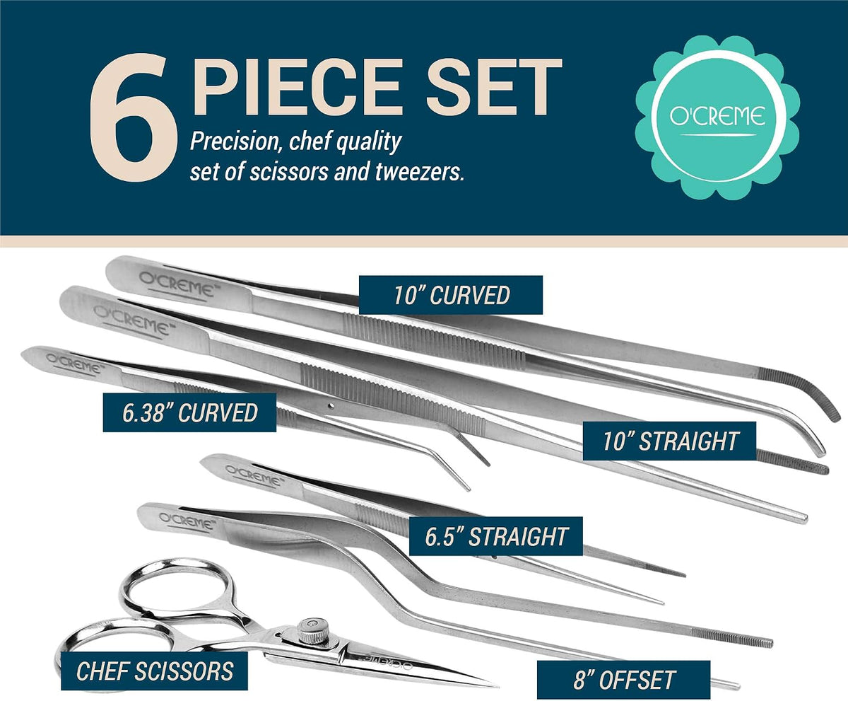 O'Creme Set of Culinary Tweezer Tongs Offset, Straight and Curved, Plus Super Sharp Chef Scissors, Total 6 Pieces (Rose Gold)