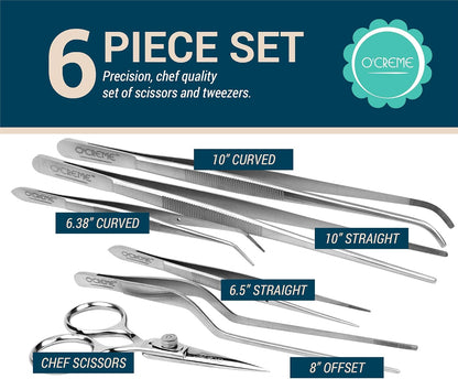 O'Creme Set of Culinary Tweezer Tongs Offset, Straight and Curved, Plus Super Sharp Chef Scissors, Total 6 Pieces (Rose Gold)