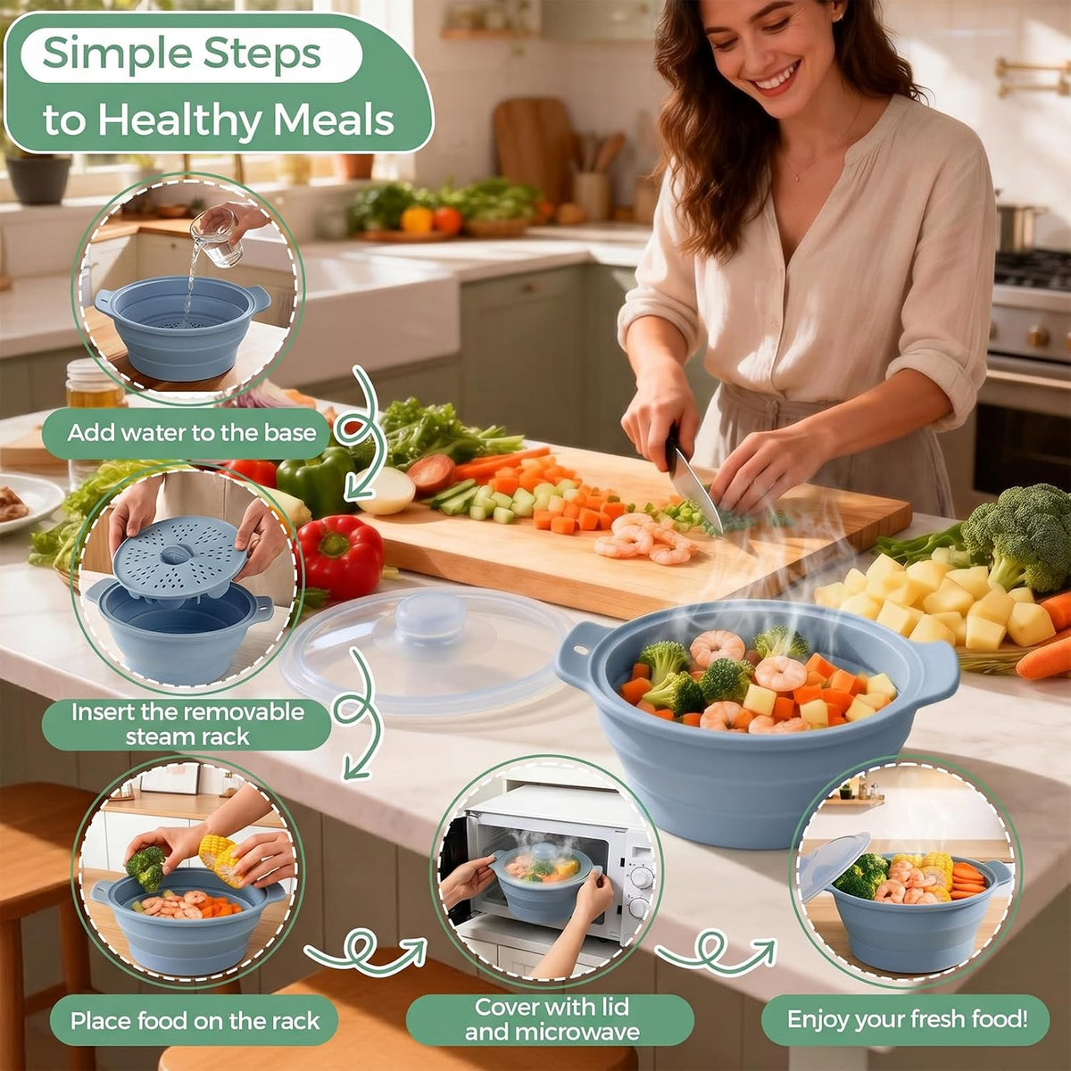 FUNKYLEE 42oz Collapsible Silicone Microwave Steamer for Vegetables, Green