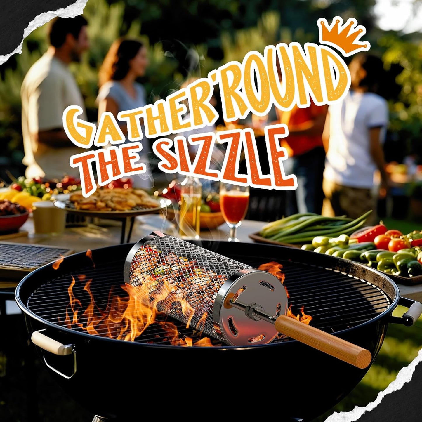 Rolling Grill Basket 2-Pack,304 Stainless Steel Grill Basket with Removable Wooden Handle,BBQ Tool & Smoker Accessory for Grill Rotisseries Veg & Shrimp,Ideal for Outdoor Cooking,Camping & Gifts for Dad/Husband/Men
