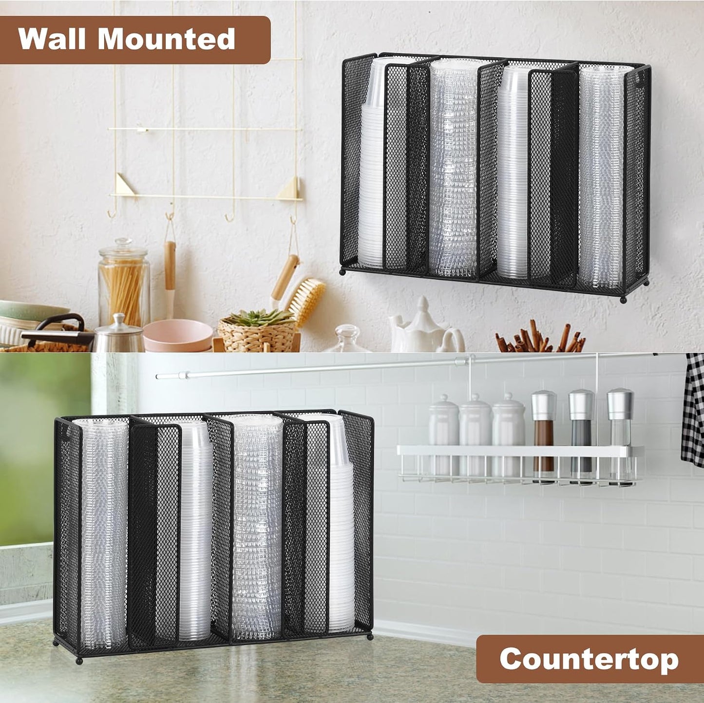 Sauce Cup Lid Organizer Wall Mount or Countertop, Disposable Plastic Portion Cup Holder Dispenser for Kitchen Restaurant Buffet, Fit 2 oz to 5.5 oz Jello Shot Cups & Condiment Cups, Black