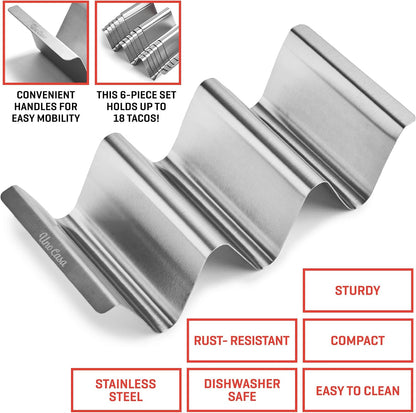 Uno Casa Metal Taco Holder Set of 6 - U-Shaped Taco Holders for Griddle - Stainless Steel, Dishwasher Safe, Suitable for Oven - Perfect for Party & Fun Gatherings - Recipe Book Included