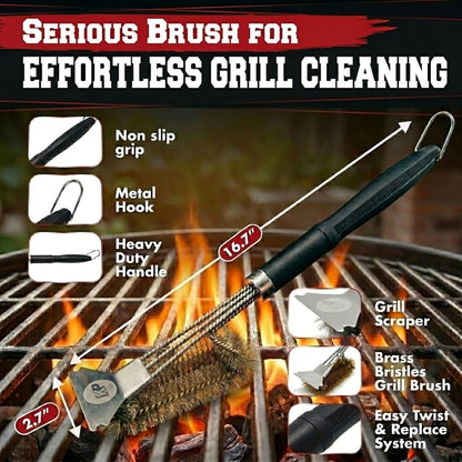 KITCHEN PERFECTION GrillSaver - Safe BBQ Grill Brush for Outdoor Grill with Replaceable Cleaning Head -Heavy-Duty Grill Cleaner with Scraper for All Grates +2 Bonuses -Best Grilling Gifts for Men