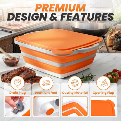 4 in 1 Large Collapsible BBQ Prep Tub with Lid - 16L Foldable Camping Sink with Colander & Cutting Board, Multipurpose Dish Basin for Kitchen, Meat Prep, Vegetables, Fruit, Picnic & Outdoor Cooking