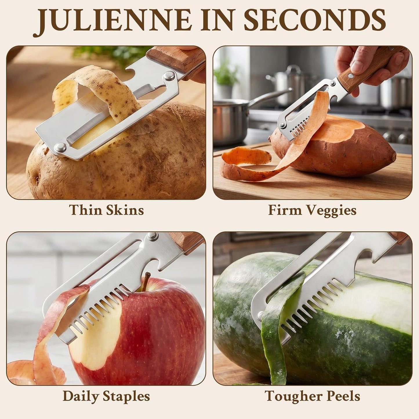 2026 Upgrade Vegetable Peeler and Julienne Peeler Set, Stainless Steel Vegetable Peelers for Kitchen with Wood Handles and Bottle Opener, 2-Pcs Multifunctional Vegetable Peeler Set