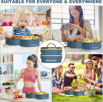 RIKDOKEN Lunch Box, Stackable 3 Layers Containers, Portable 94OZ Large Capacity Leakproof Bento Box with Spoon & Fork & Sauce Boxes, Microwave Safe Lunch Box for Kids and Adults