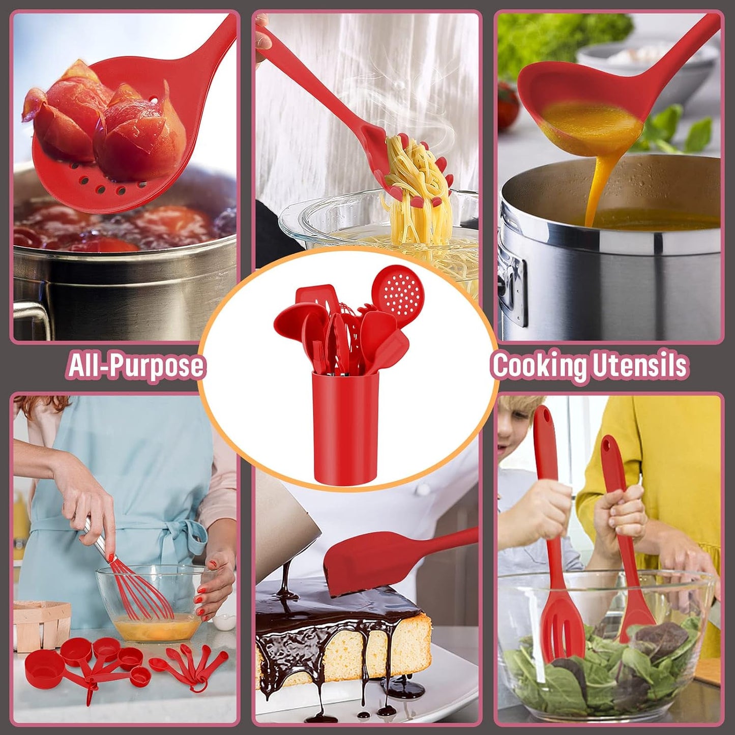 E-far Silicone Cooking Utensils Set, 7-Piece Black Heat Resistant Kitchen Utensils Set, Kitchen Nonstick Tools Spatula Ladle Spoon Pasta Server for Non-stick Cookware, Non-Toxic & Dishwasher safe