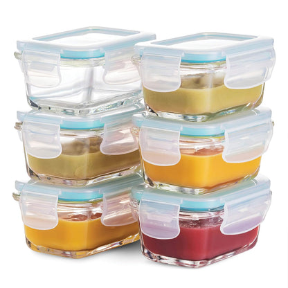 FineDine Small Glass Meal Prep Food Storage Container - Airtight, Leakproof, Microwave & Dishwasher Safe - Perfect for Snacks, Dips, 6 Count - Teal
