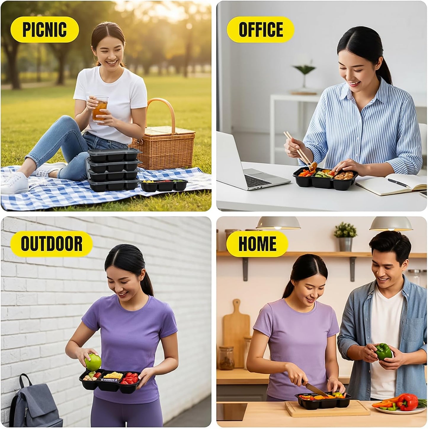 Hiceeden 50 Pack 16 Oz Small Meal Prep Containers with 3 Compartments, Disposable Plastic Bento Snack Boxes with Lid, Stackable Food Containers Reusable Travel Lunch Boxes for Office, School, Black