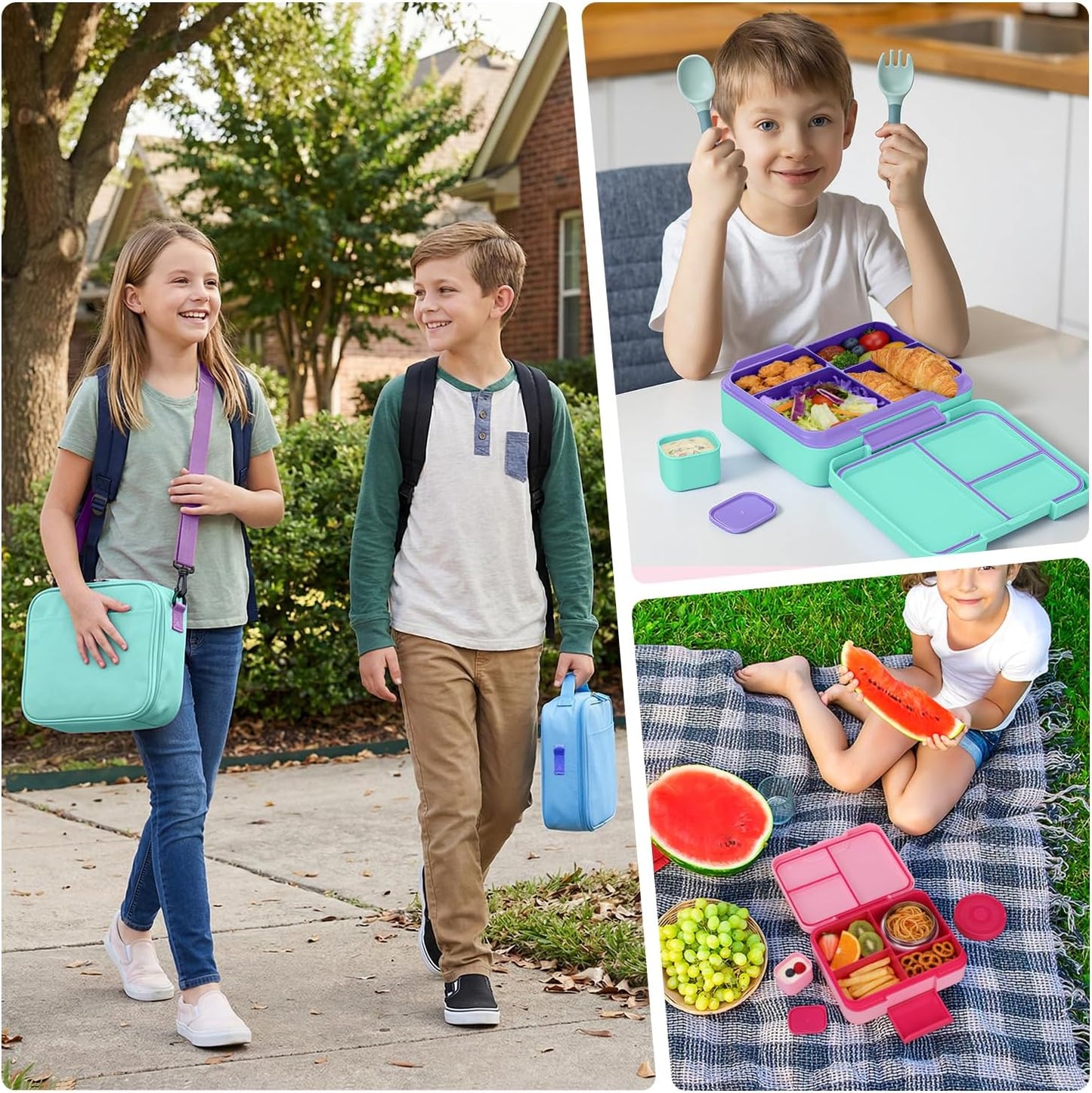 HWONMTE Bento Lunch Box Set for Kids with 9.5oz Soup Thermo Leak-Proof Lunch Food Container with Insulated Lunch Bag Hot Food Jar for Kid Toddler Girls Boys Teens to School,Travel (Green)