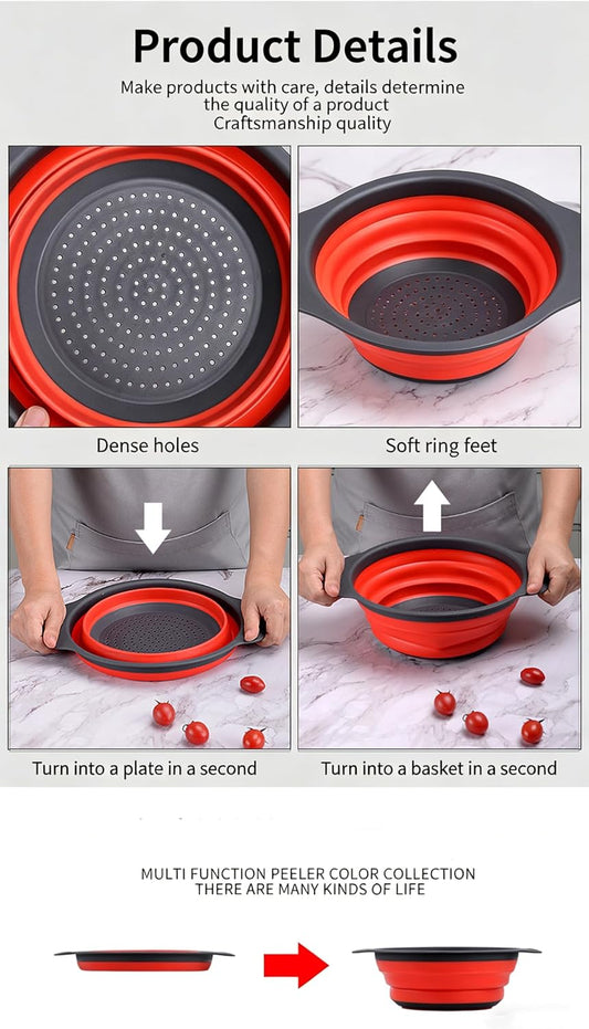 Collapsible Silicone Colander for Kitchen Sink, Foldable Vegetable Strainer Basket with Handles, Small Kitchen Drainer for Pasta Fruits and Vegetables (Red)