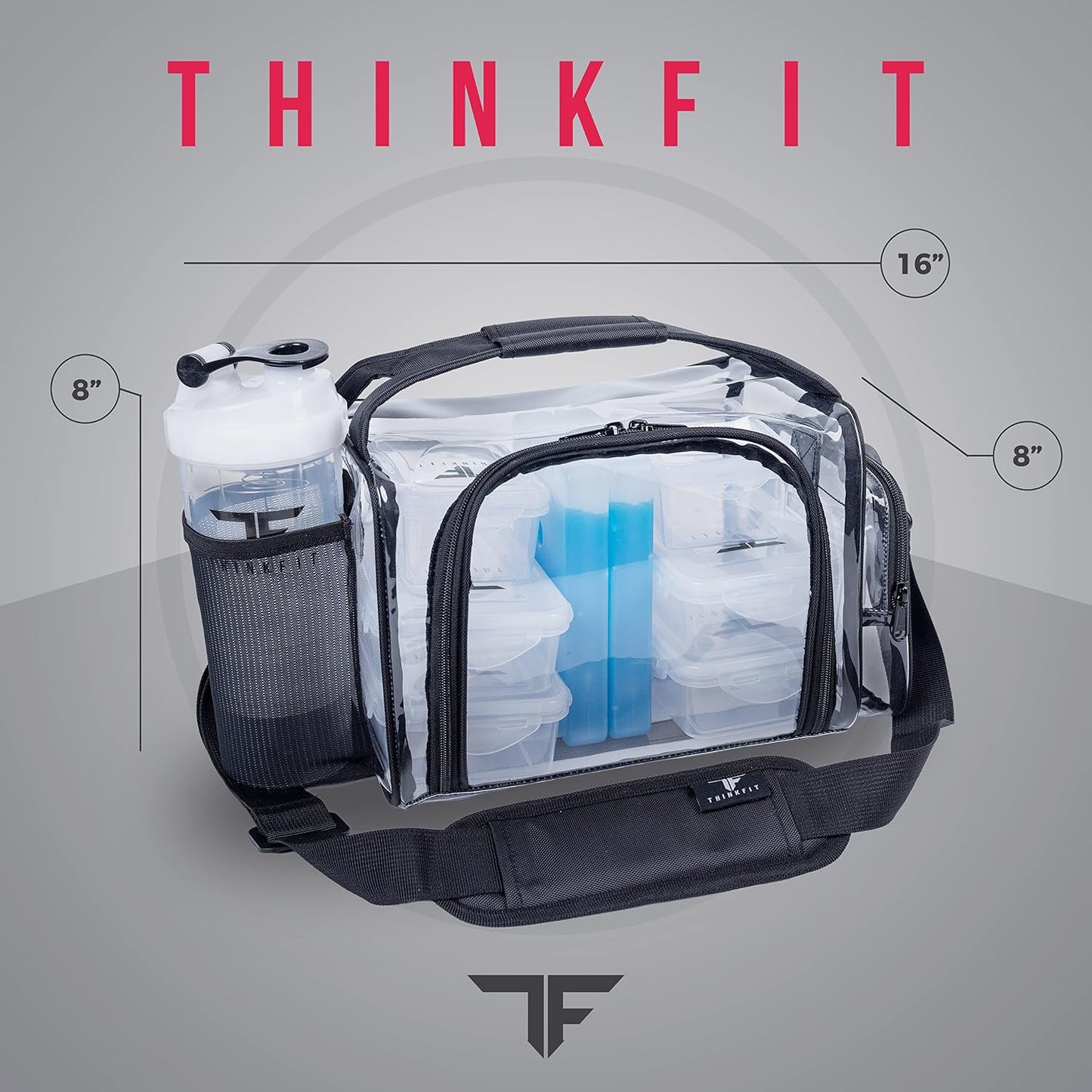 ThinkFit Insulated Meal Prep Lunch Box with 6 BPA-Free, Reusable, Microwavable, Freezer Safe Food Portion-Control Containers, Shaker Cup, Pill Organizer, Lunch Bag with Storage Pocket - (Black)