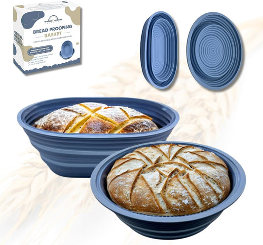 Premium Foldable Silicone Sourdough Banneton Basket | Bread Proofing & Baking Basket Set - Includes Oval & Round Bowls (9.5 Inch) - Oven & Dishwasher Safe, Gifts for Bakers - Blue