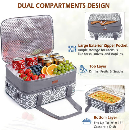 Double Layer Insulated Casserole Carrier, Fits 9" x 13" Baking Dish, Food Transport Carrier with Utensil Pocket for Hot & Cold Dishes, Reusable Potluck Tote for Thanksgiving, Parties&Family Gatherings