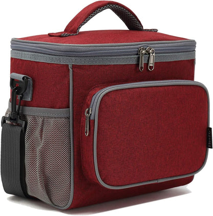 FlowFly Insulated Reusable Lunch Bag Adult Large Lunch Box for Women and Men with Adjustable Shoulder Strap,Front Zipper Pocket and Dual Large Mesh Side Pockets,Cherry - Colors A