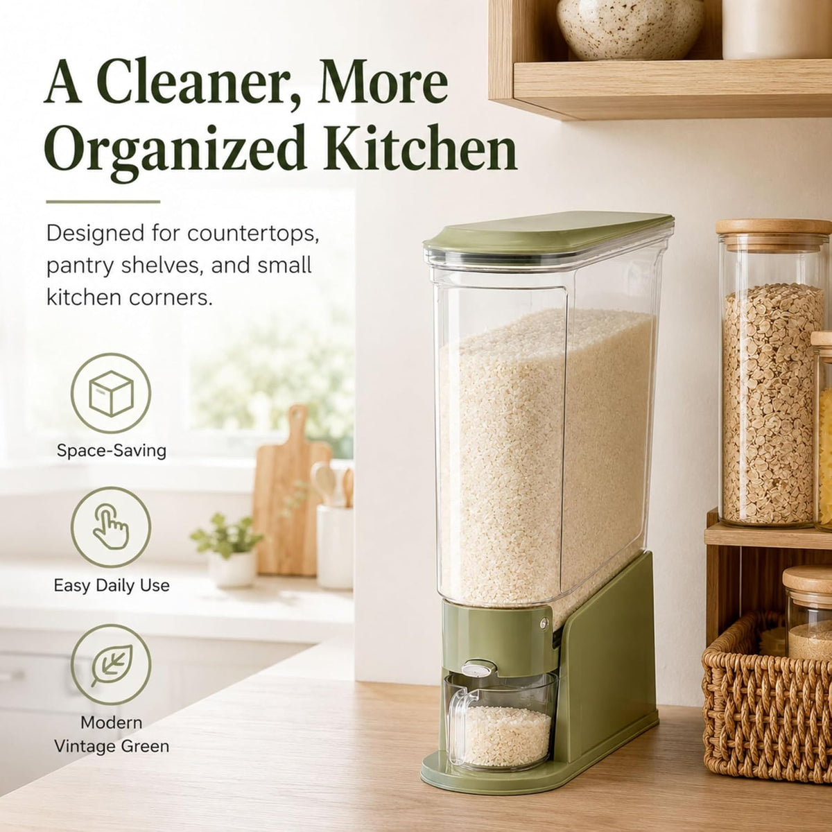 ROOM127 Rice Dispenser 22 Lbs, Large Airtight Grain Container, Cream White | Family Size Storage, BPA-Free, Moisture-Proof Seal, One-Touch Pouring, Clear Window, for Cereal, Beans, Oats & Dry Food