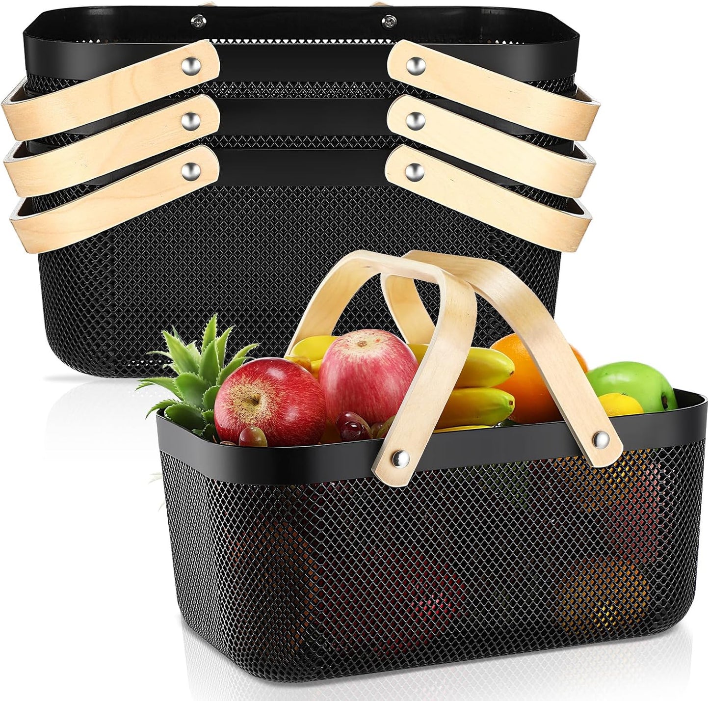 Sadnyy 4 Pcs Plastic Mesh Garden Harvest Basket Storage Basket with Wooden Handle Multi Functional Mesh Bin for Kitchen Cabinet Picnic Fruit Vegetable Gathering Organizer(Large,White)