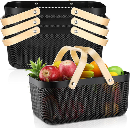 Sadnyy 4 Pcs Plastic Mesh Garden Harvest Basket Storage Basket with Wooden Handle Multi Functional Mesh Bin for Kitchen Cabinet Picnic Fruit Vegetable Gathering Organizer(Large,White)