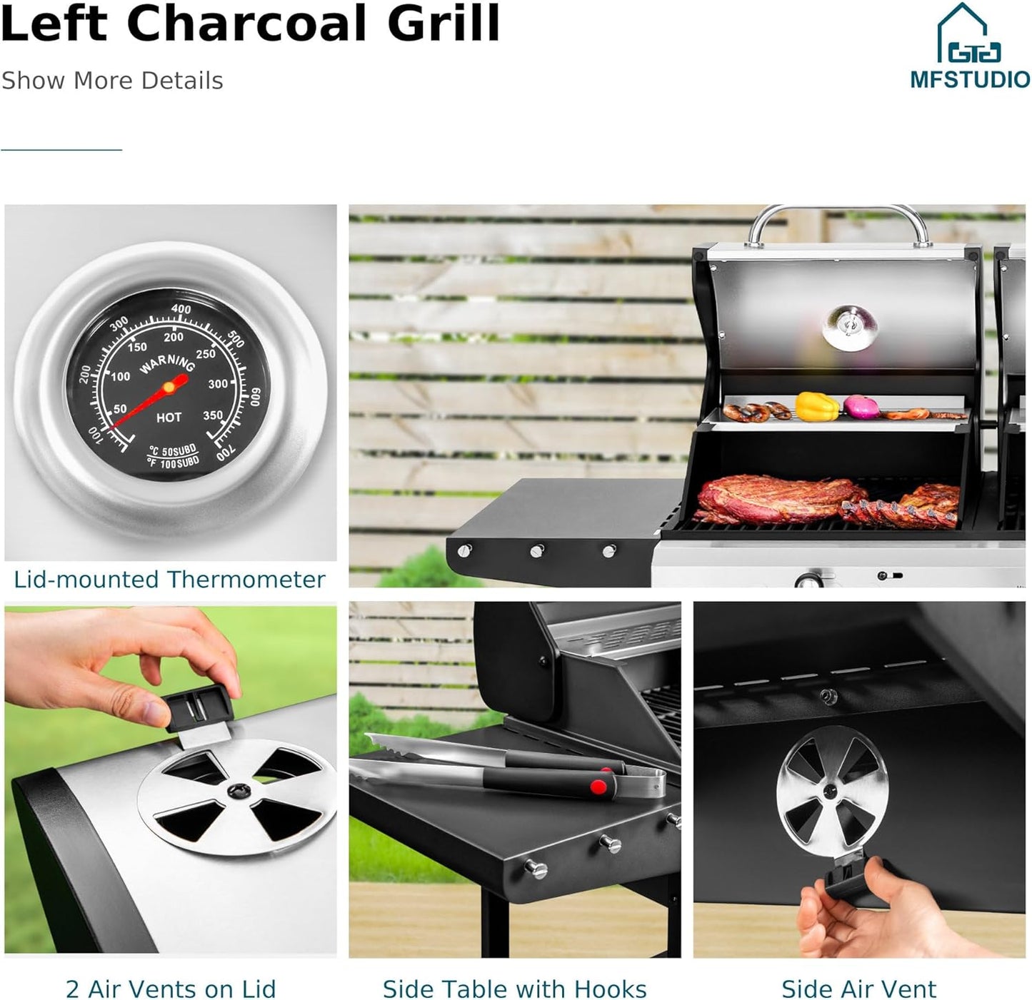 MFSTUDIO 5 Burner Gas Grill Griddle Combo with Porcelain-Enameled Cast Iron Grates,Cutting Board and Double Lids, Duel-Function Propane BBQ Grills with Flat Top Grddle for Outdoor Barbecue Cooking
