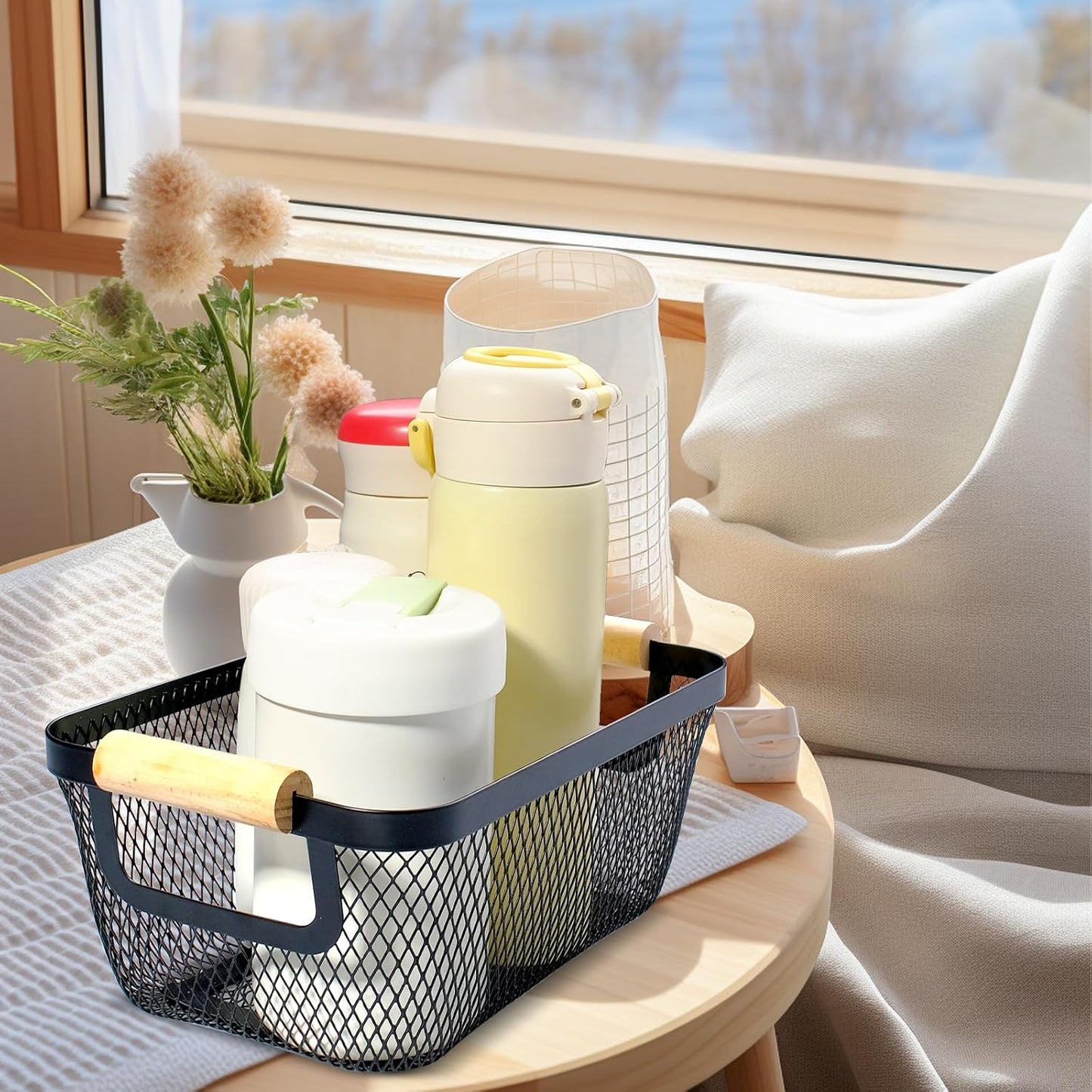 8 Pcs Black Wire Basket with Wooden Handle Metal Mesh Baskets for Pantry Storage Snack Organizer for Kitchen Cabinet Bathroom Fridge Fruit Makeup Office