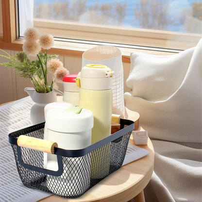 8 Pcs Black Wire Basket with Wooden Handle Metal Mesh Baskets for Pantry Storage Snack Organizer for Kitchen Cabinet Bathroom Fridge Fruit Makeup Office