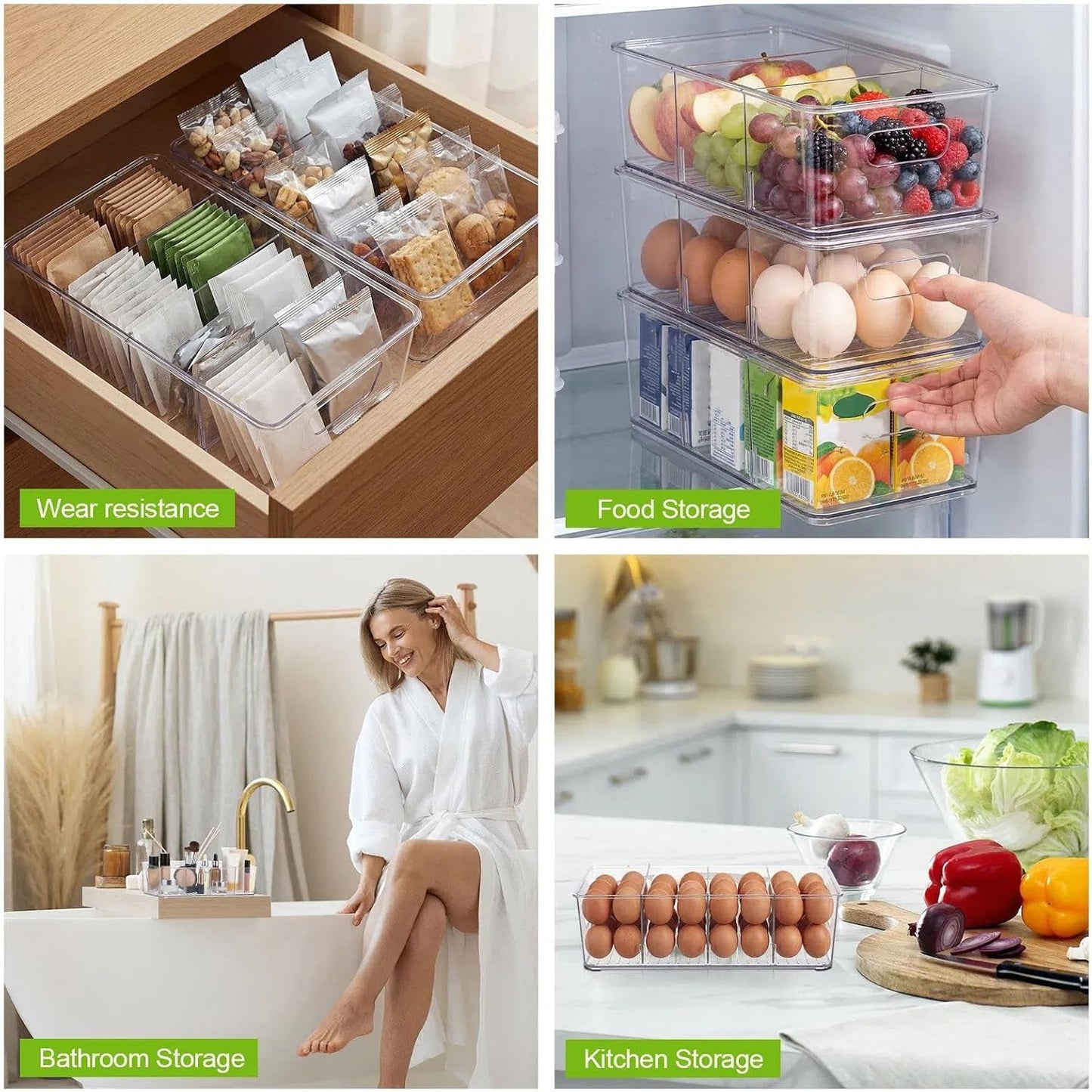 8 Pcs Pantry Organizers Bins, Clear Plastic Stackable Snack Storage Containers with 3 Dividers for Kitchen Cabinet Fridge Shelf Organization, 4 Compartment Holder