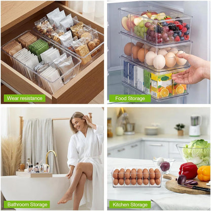 8 Pcs Pantry Organizers Bins, Clear Plastic Stackable Snack Storage Containers with 3 Dividers for Kitchen Cabinet Fridge Shelf Organization, 4 Compartment Holder